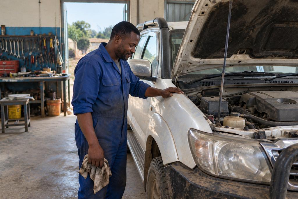 A mechanic in blue overalls stands at the open bonnet of a pickup truck, satisfied.
