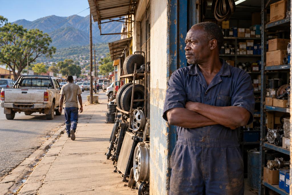 A shop owner stands in his doorway with his arms folded, watching a customer walk away to a pickup truck.
