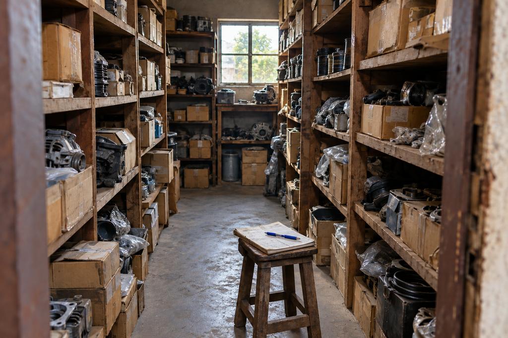 A storeroom of shelves stacked with boxed parts, an exercise book and pen left on a stool.