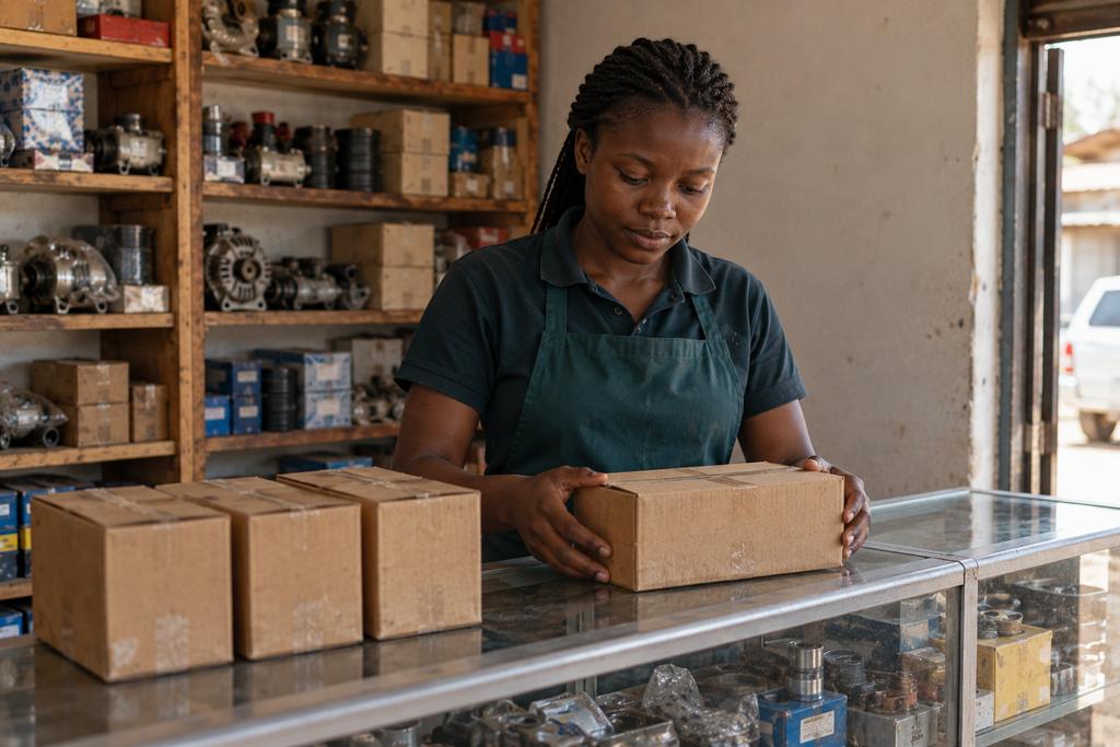 A shop assistant in a teal apron sets a boxed part on the counter beside a row of others.