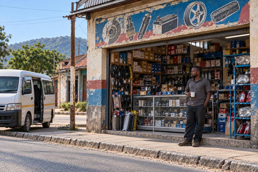 The same shop in the morning with its door fully open, the owner in the doorway as a minibus pulls up.