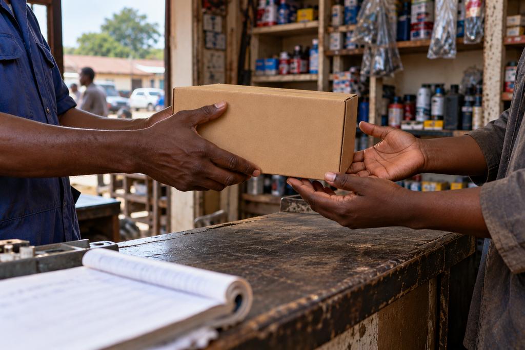 A shopkeeper passes a boxed part across the counter into a customer’s hands.