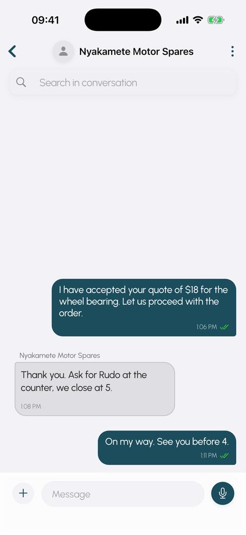 The Twii buyer app: a chat with the shop, which says to ask for Rudo at the counter.