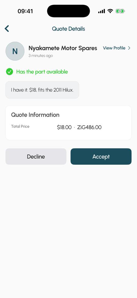 The Twii buyer app: a quote from a shop that has the part, at 18 US dollars, with Accept and Decline.