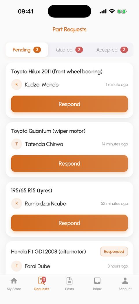 The Twii supplier app: part requests from four buyers, each with a Respond button.